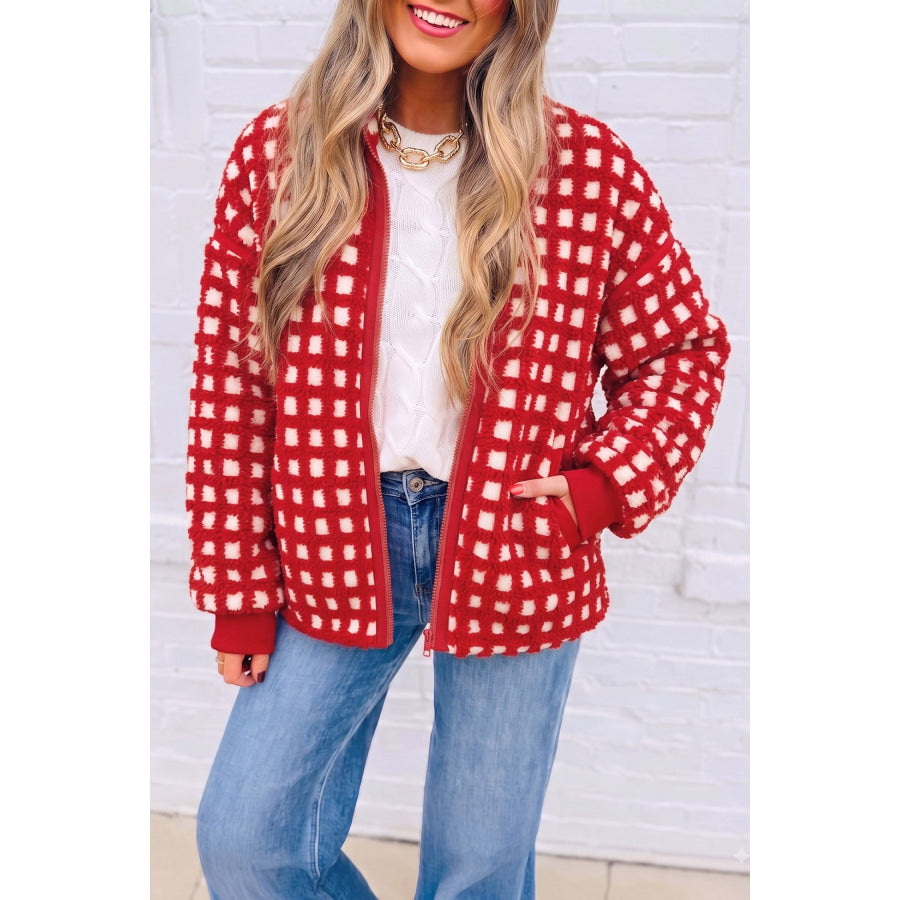 Fiery Red Plaid Zip-up Long Sleeve Jacket / S / Shell:100% Polyester + Lining:100% Polyester Outerwear/Jackets