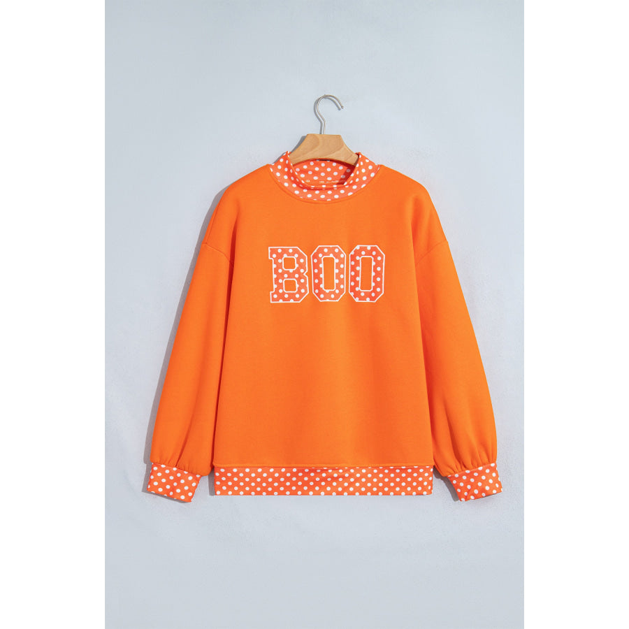 Fiery Red Polka Dot Letter Print Contrast Trim Mock Neck Sweatshirt Tops/Sweatshirts & Hoodies