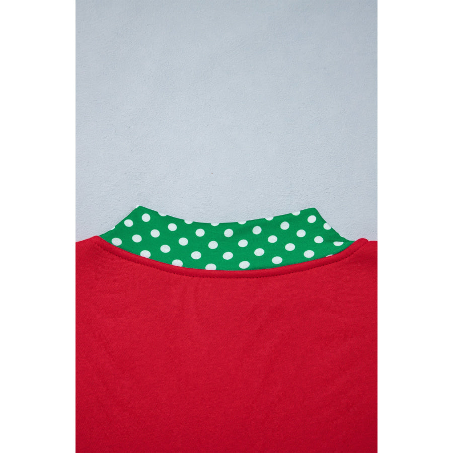 Fiery Red Polka Dot Letter Print Contrast Trim Mock Neck Sweatshirt Tops/Sweatshirts & Hoodies