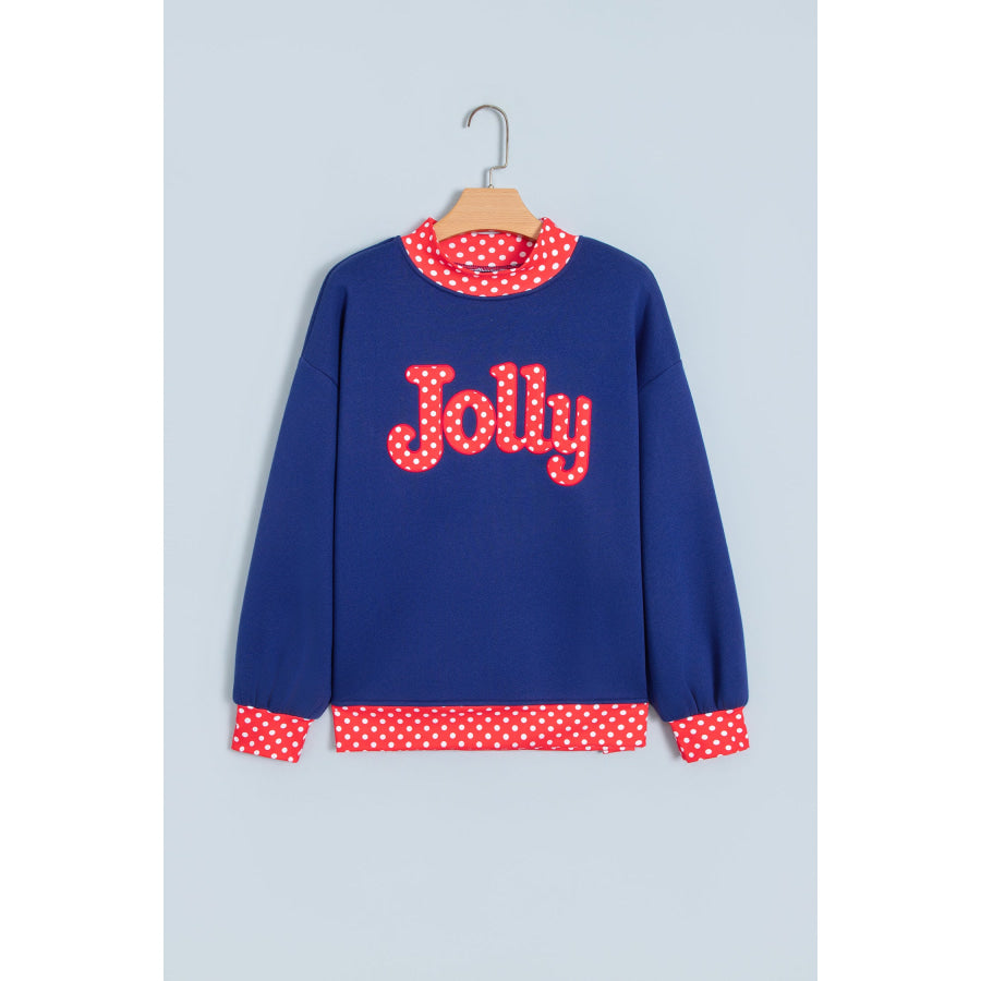 Fiery Red Polka Dot Letter Print Contrast Trim Mock Neck Sweatshirt Tops/Sweatshirts & Hoodies