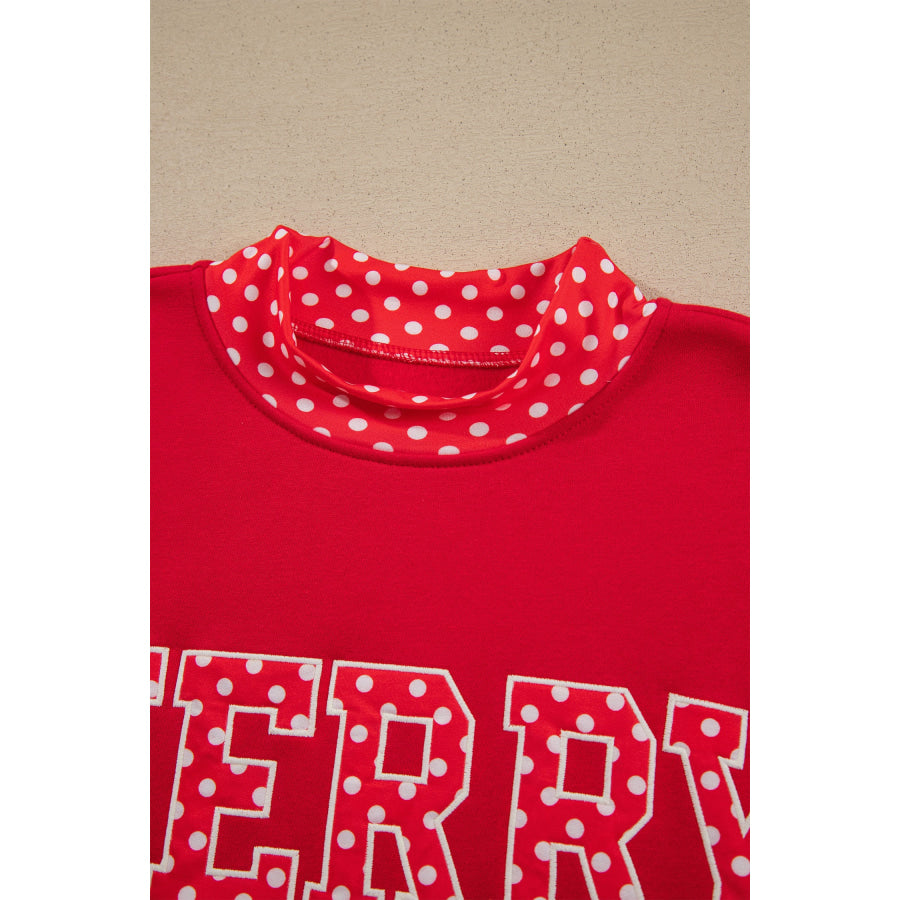 Fiery Red Polka Dot Letter Print Contrast Trim Mock Neck Sweatshirt Tops/Sweatshirts & Hoodies