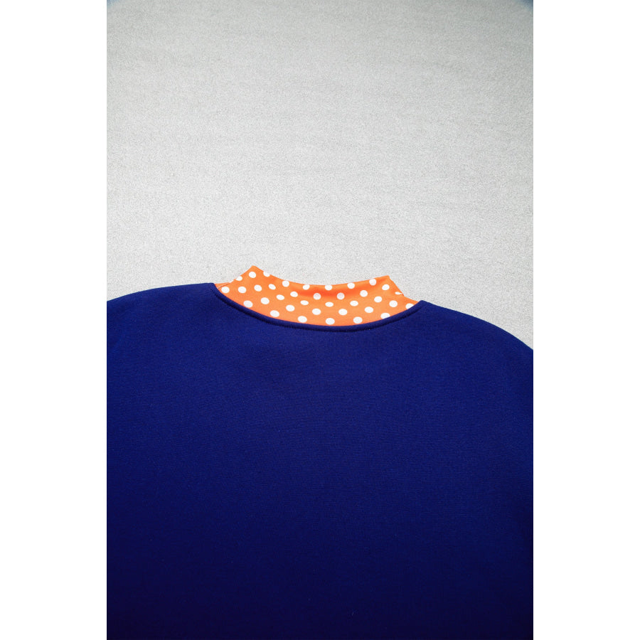 Fiery Red Polka Dot Letter Print Contrast Trim Mock Neck Sweatshirt Tops/Sweatshirts & Hoodies