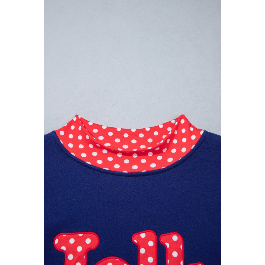 Fiery Red Polka Dot Letter Print Contrast Trim Mock Neck Sweatshirt Tops/Sweatshirts & Hoodies