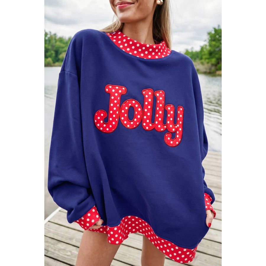Fiery Red Polka Dot Letter Print Contrast Trim Mock Neck Sweatshirt Tops/Sweatshirts & Hoodies