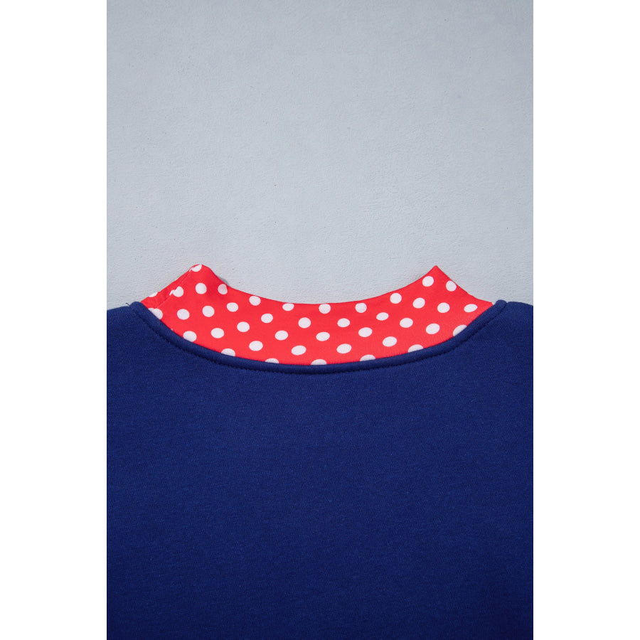Fiery Red Polka Dot Letter Print Contrast Trim Mock Neck Sweatshirt Tops/Sweatshirts & Hoodies