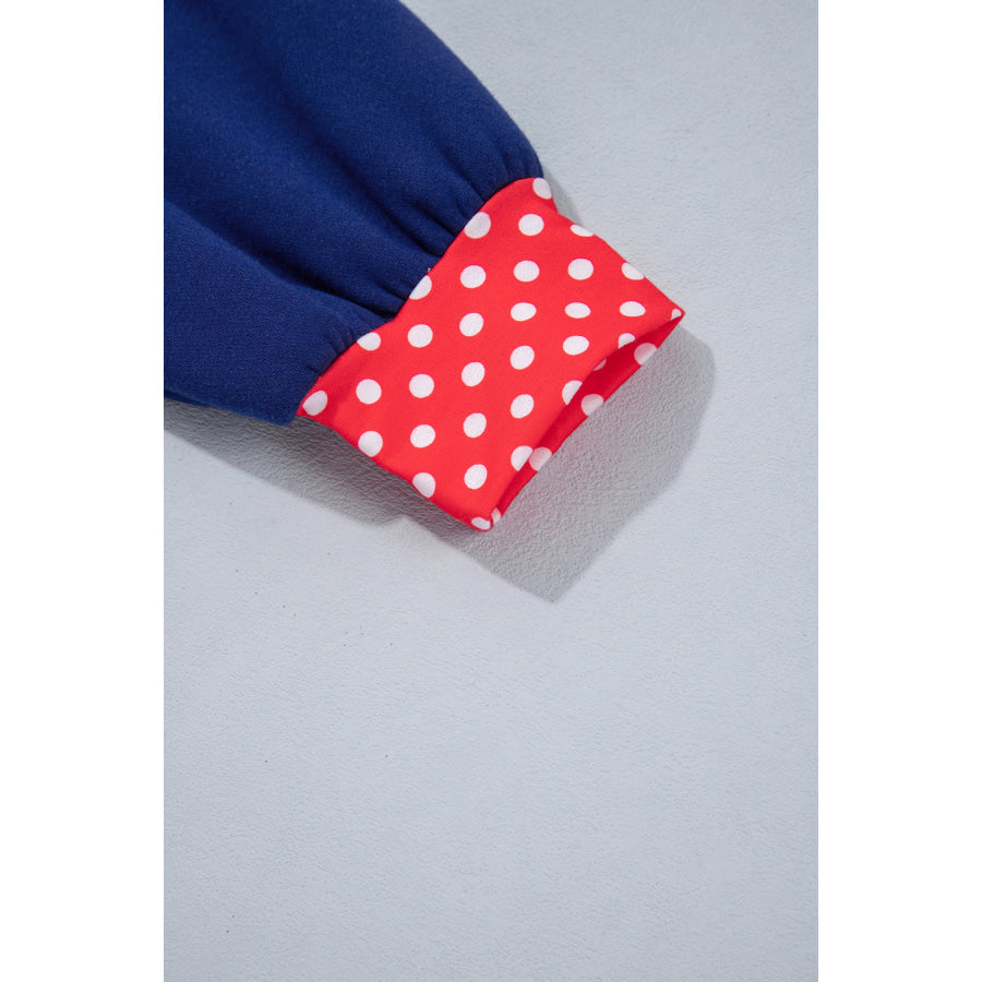 Fiery Red Polka Dot Letter Print Contrast Trim Mock Neck Sweatshirt Tops/Sweatshirts & Hoodies