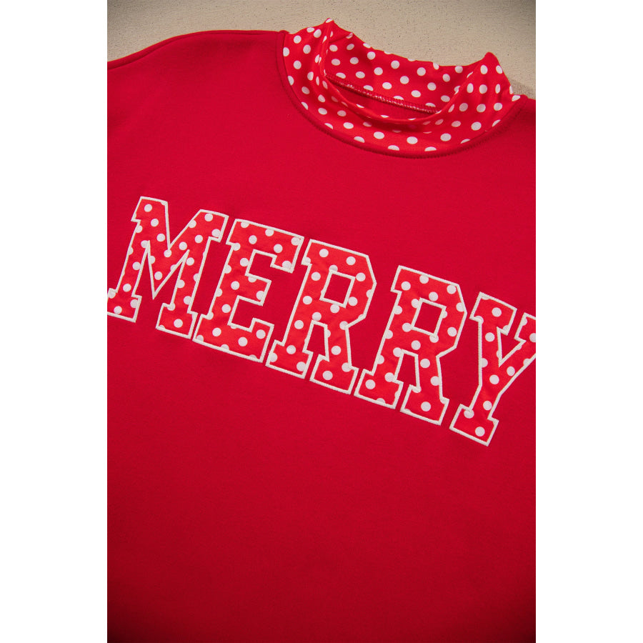 Fiery Red Polka Dot Letter Print Contrast Trim Mock Neck Sweatshirt Tops/Sweatshirts & Hoodies