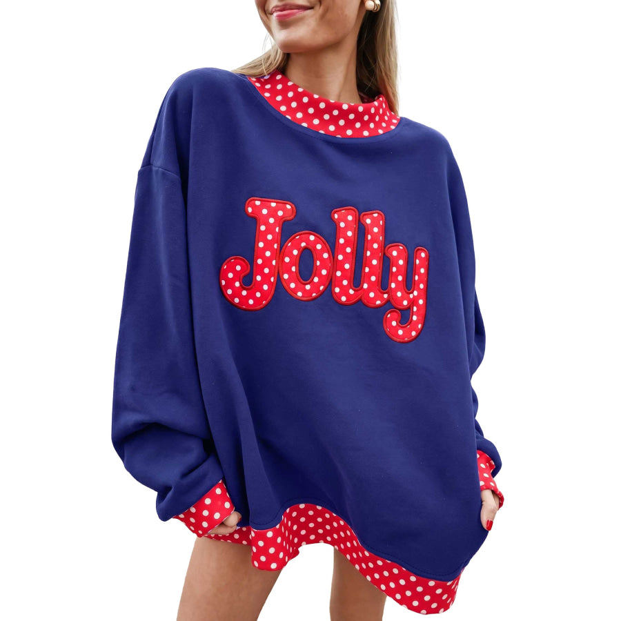 Fiery Red Polka Dot Letter Print Contrast Trim Mock Neck Sweatshirt Tops/Sweatshirts & Hoodies