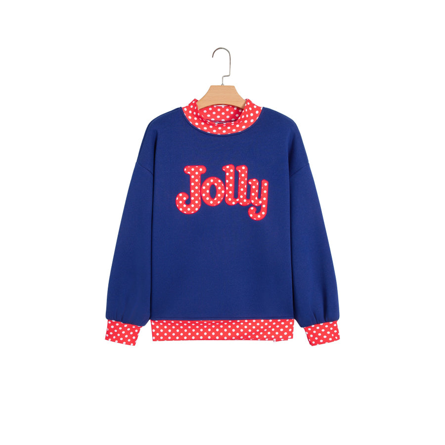 Fiery Red Polka Dot Letter Print Contrast Trim Mock Neck Sweatshirt Tops/Sweatshirts & Hoodies