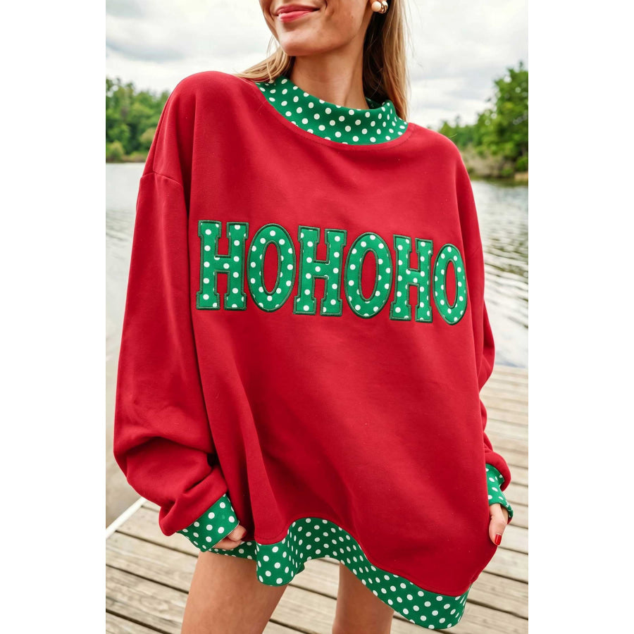 Fiery Red Polka Dot Letter Print Contrast Trim Mock Neck Sweatshirt Tops/Sweatshirts & Hoodies
