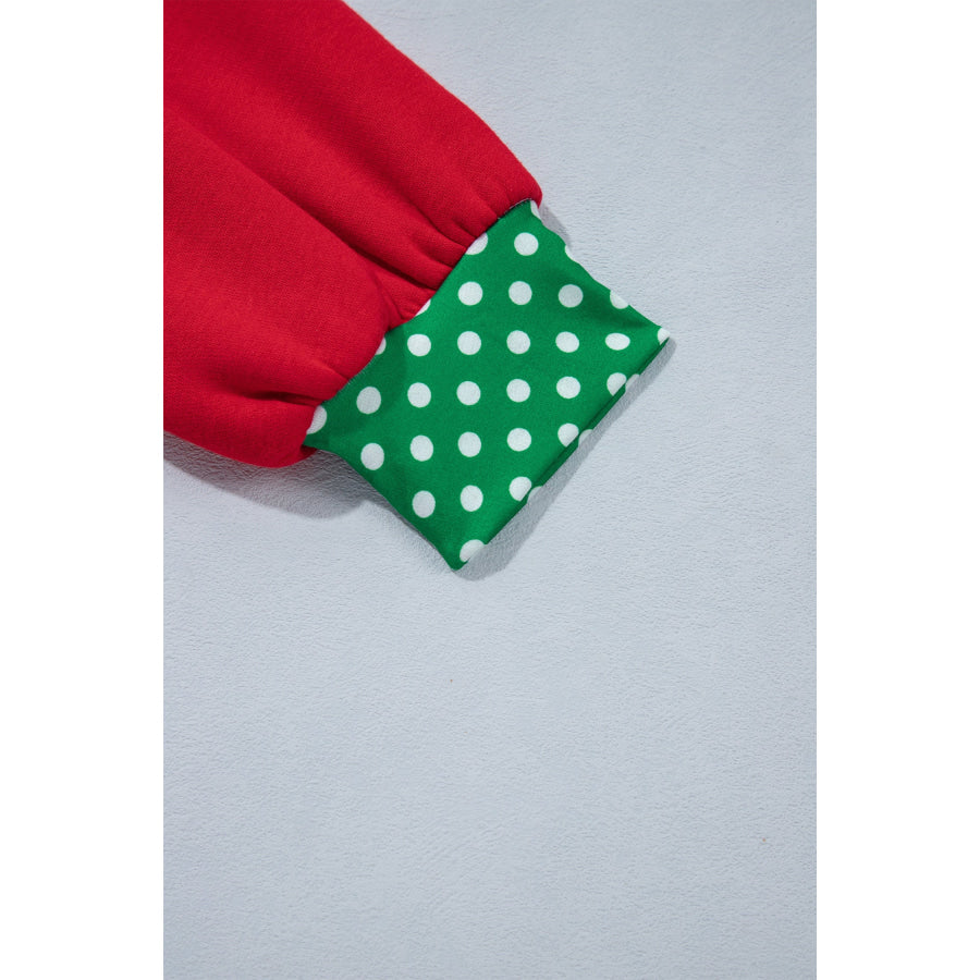 Fiery Red Polka Dot Letter Print Contrast Trim Mock Neck Sweatshirt Tops/Sweatshirts & Hoodies