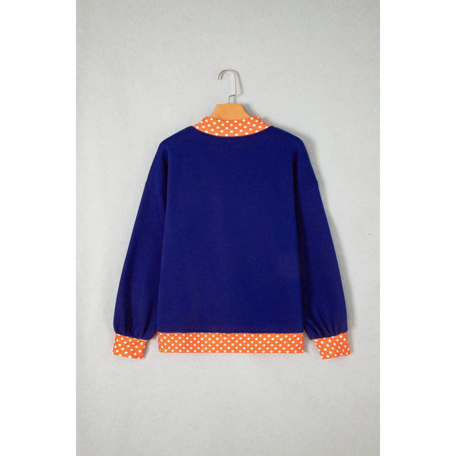 Fiery Red Polka Dot Letter Print Contrast Trim Mock Neck Sweatshirt Tops/Sweatshirts & Hoodies