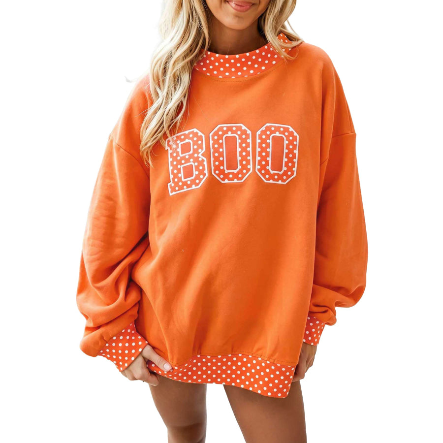 Fiery Red Polka Dot Letter Print Contrast Trim Mock Neck Sweatshirt Tops/Sweatshirts & Hoodies