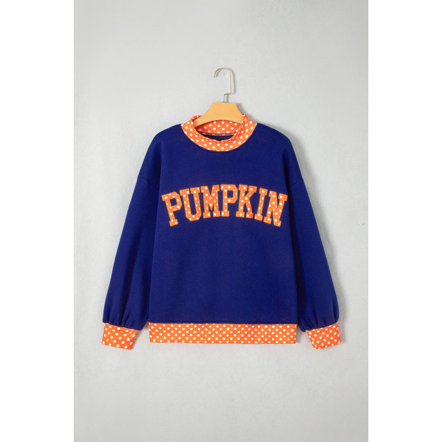 Fiery Red Polka Dot Letter Print Contrast Trim Mock Neck Sweatshirt Tops/Sweatshirts & Hoodies