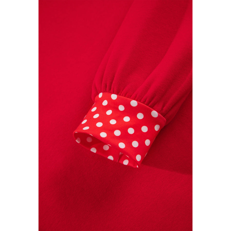 Fiery Red Polka Dot Letter Print Contrast Trim Mock Neck Sweatshirt Tops/Sweatshirts & Hoodies