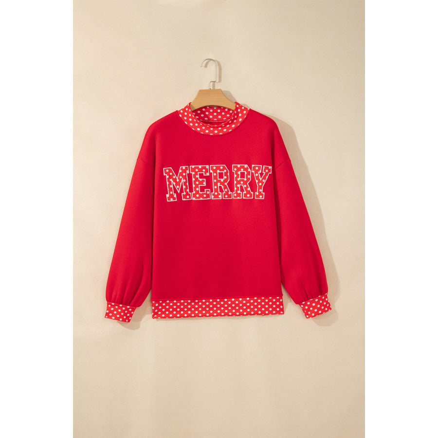 Fiery Red Polka Dot Letter Print Contrast Trim Mock Neck Sweatshirt Tops/Sweatshirts & Hoodies