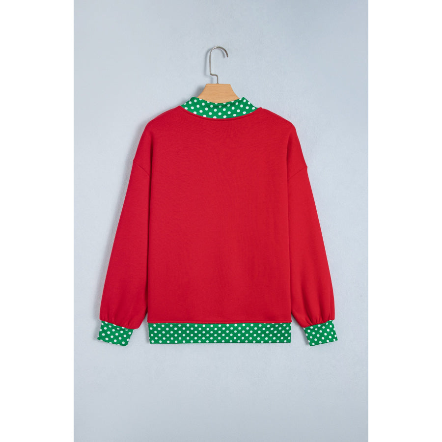 Fiery Red Polka Dot Letter Print Contrast Trim Mock Neck Sweatshirt Tops/Sweatshirts & Hoodies