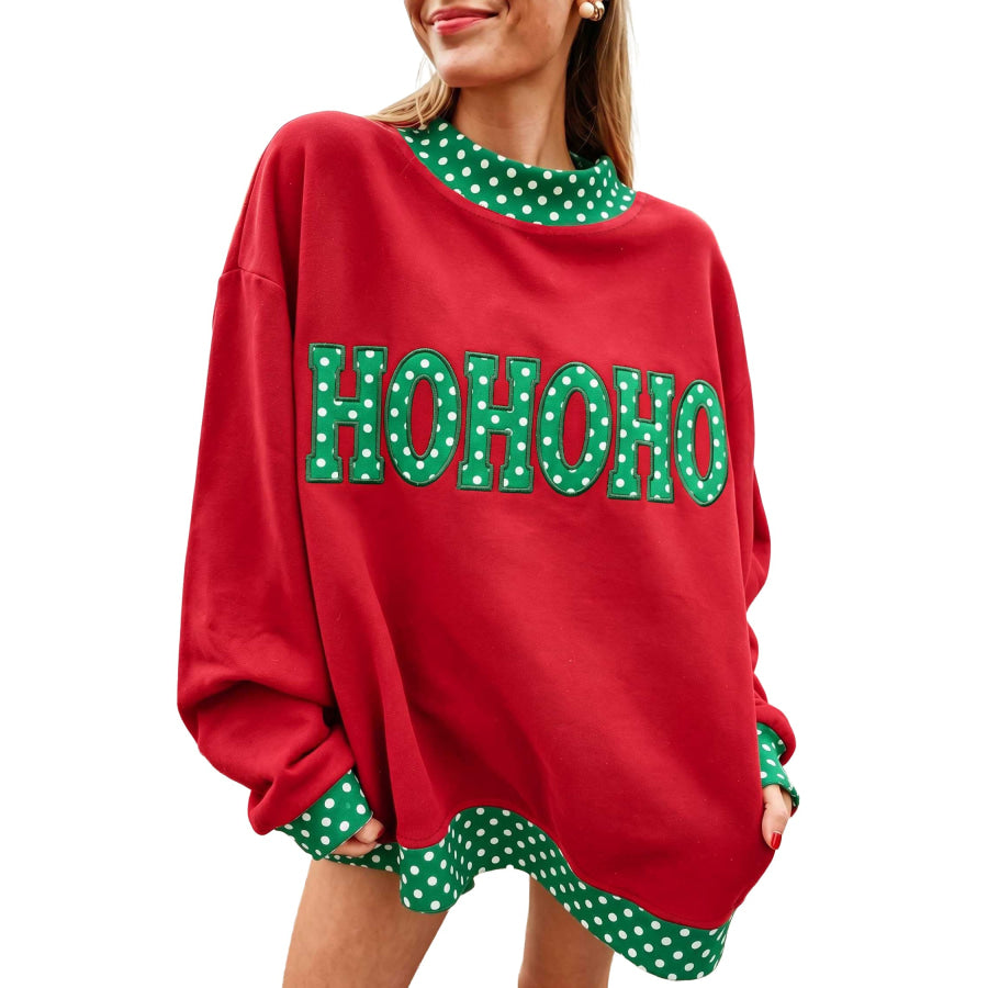 Fiery Red Polka Dot Letter Print Contrast Trim Mock Neck Sweatshirt Tops/Sweatshirts & Hoodies