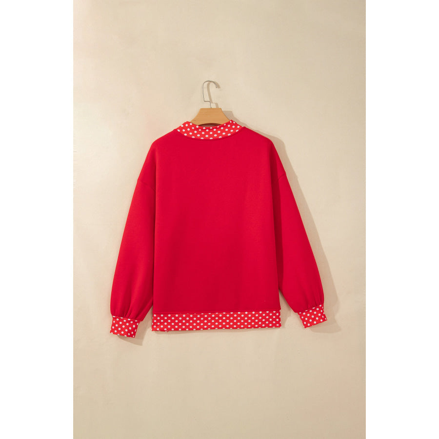 Fiery Red Polka Dot Letter Print Contrast Trim Mock Neck Sweatshirt Tops/Sweatshirts & Hoodies