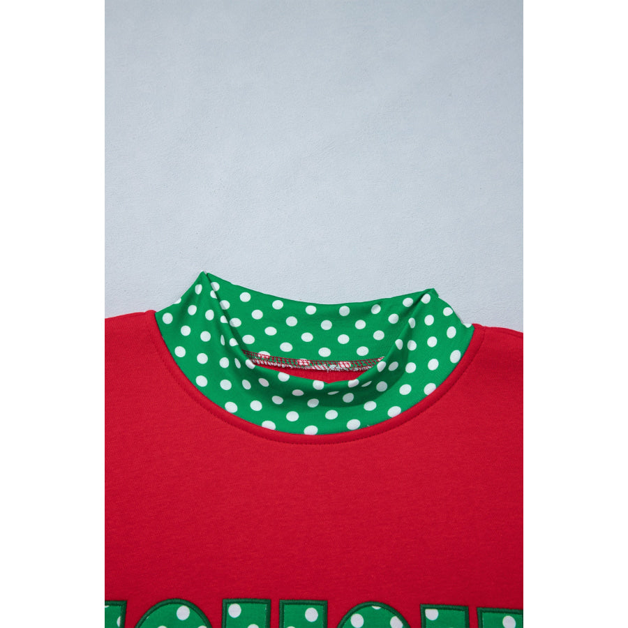 Fiery Red Polka Dot Letter Print Contrast Trim Mock Neck Sweatshirt Tops/Sweatshirts & Hoodies