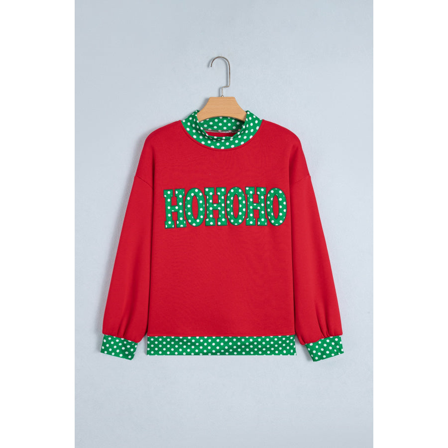 Fiery Red Polka Dot Letter Print Contrast Trim Mock Neck Sweatshirt Tops/Sweatshirts & Hoodies