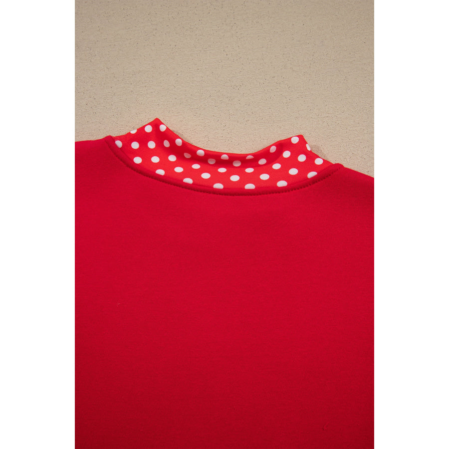 Fiery Red Polka Dot Letter Print Contrast Trim Mock Neck Sweatshirt Tops/Sweatshirts & Hoodies