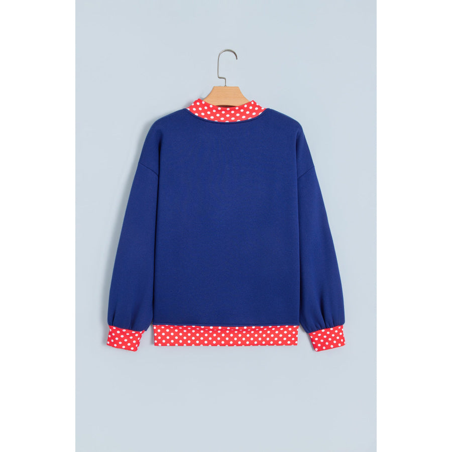 Fiery Red Polka Dot Letter Print Contrast Trim Mock Neck Sweatshirt Tops/Sweatshirts & Hoodies