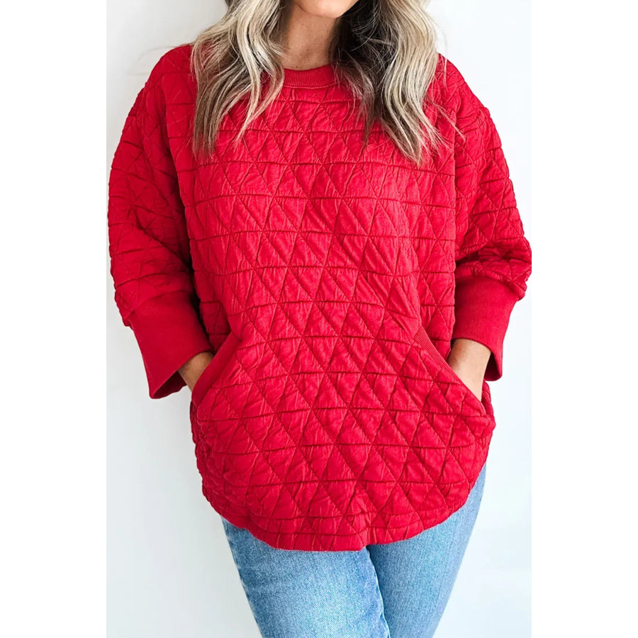 Fiery Red Quilted Diamond Pattern 3/4 Sleeve Pocketed Casual Top Tops/Long Tops