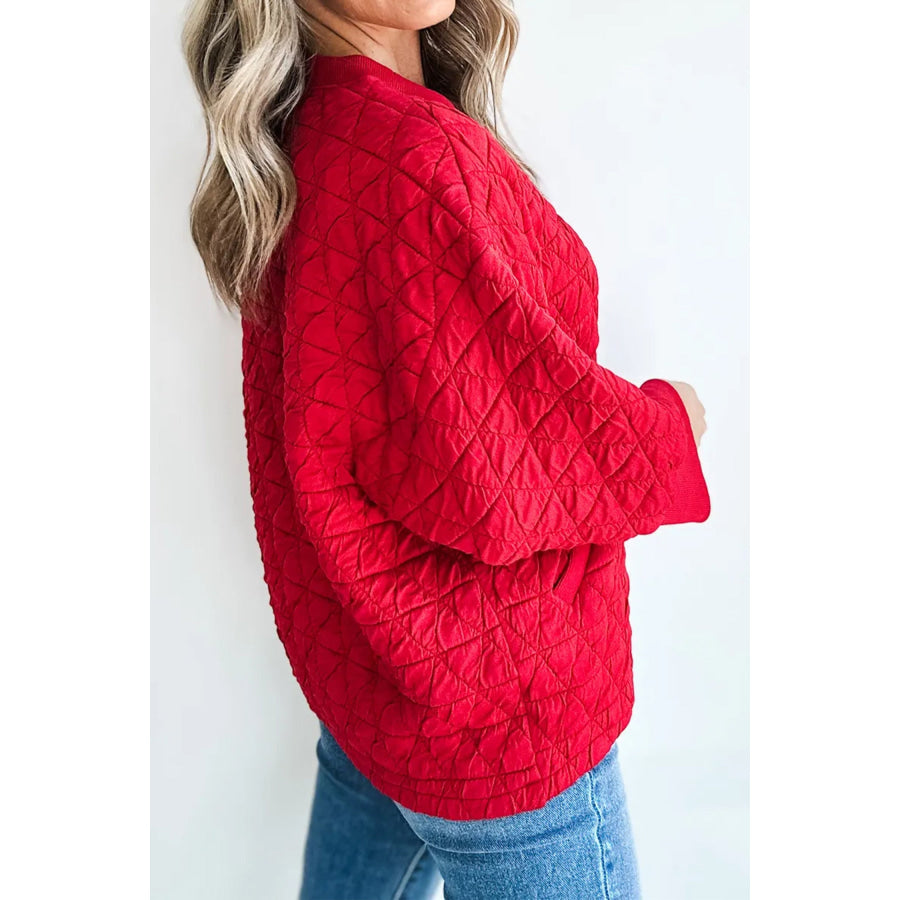 Fiery Red Quilted Diamond Pattern 3/4 Sleeve Pocketed Casual Top Tops/Long Tops