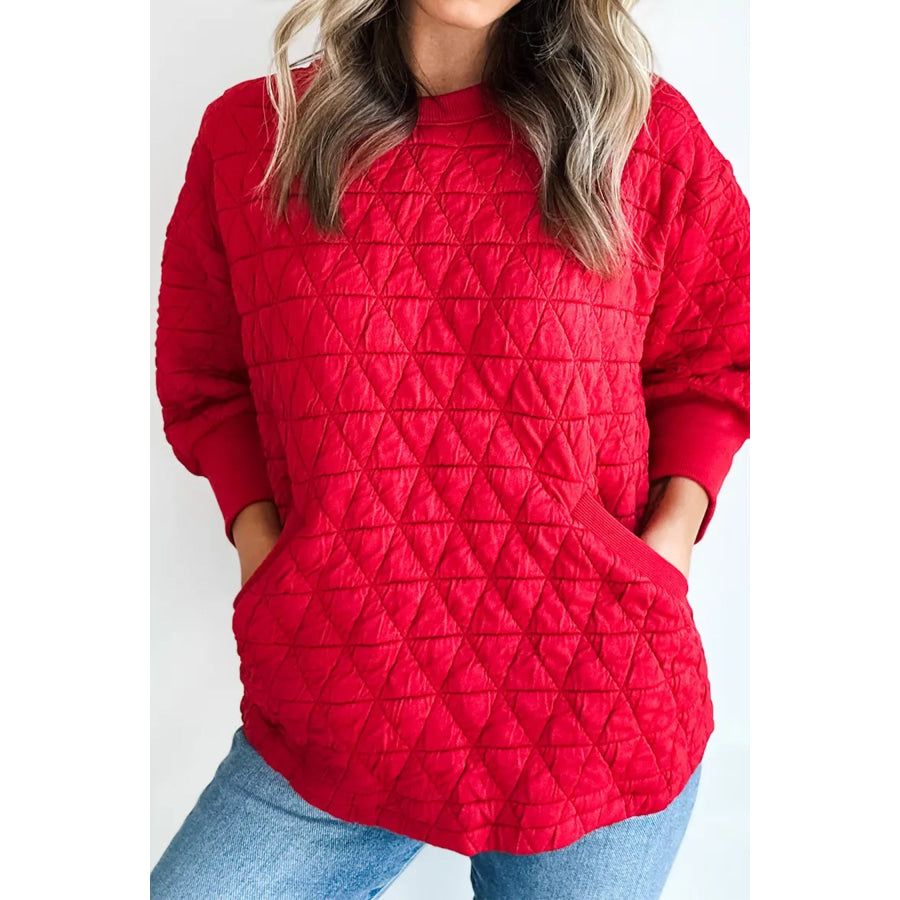 Fiery Red Quilted Diamond Pattern 3/4 Sleeve Pocketed Casual Top Tops/Long Tops