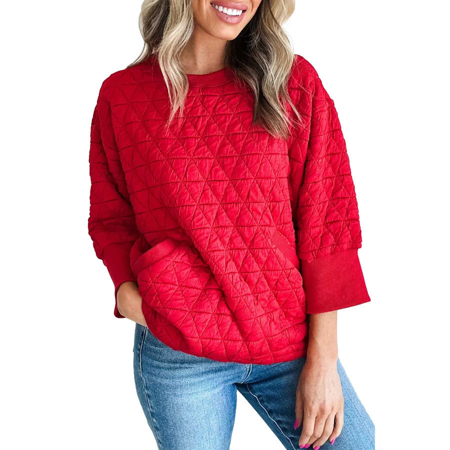 Fiery Red Quilted Diamond Pattern 3/4 Sleeve Pocketed Casual Top Tops/Long Tops