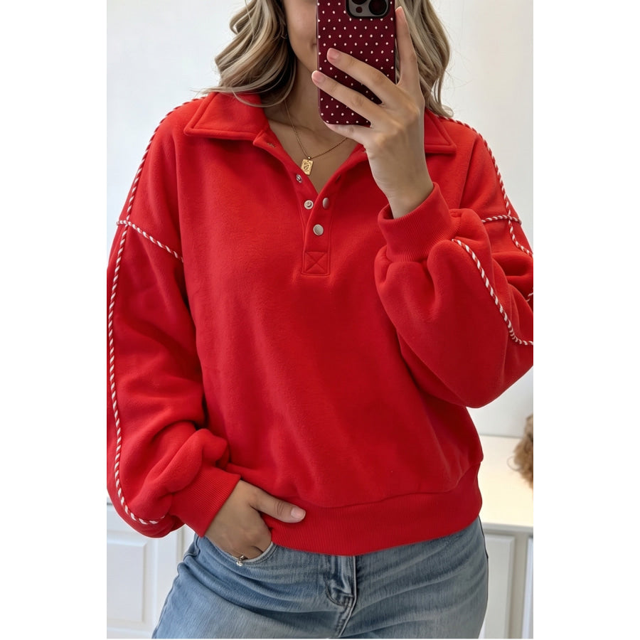 Fiery Red Snap Button Sleeve Candy Cane Lane Detail Pullover Sweatshirt / S Tops/Sweatshirts & Hoodies