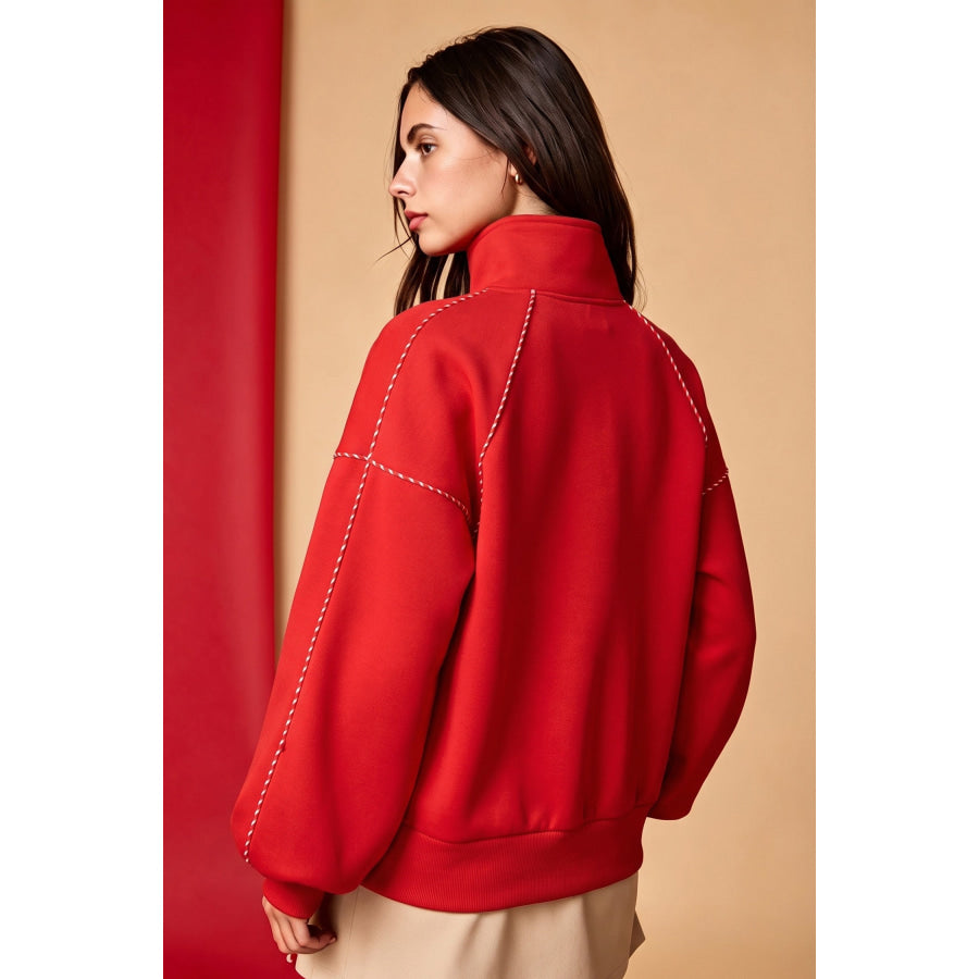 Fiery Red Snap Button Sleeve Candy Cane Lane Detail Pullover Sweatshirt Tops/Sweatshirts & Hoodies