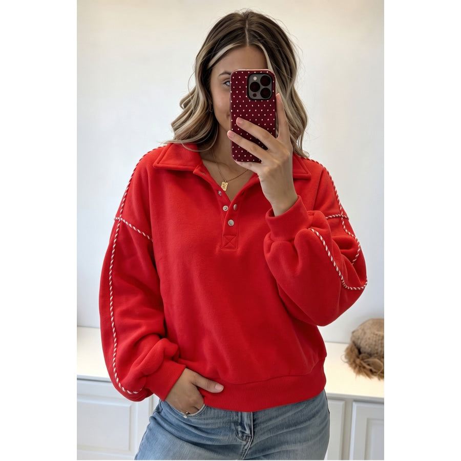 Fiery Red Snap Button Sleeve Candy Cane Lane Detail Pullover Sweatshirt Tops/Sweatshirts & Hoodies
