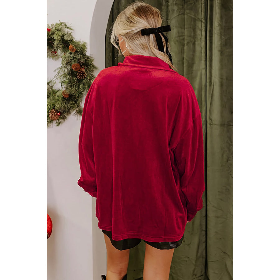 Fiery Red Soft Velvet Patch Pocket Button Down Loose Shirt Tops/Blouses & Shirts