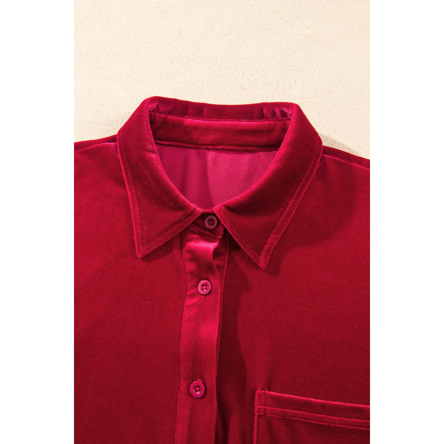 Fiery Red Soft Velvet Patch Pocket Button Down Loose Shirt Tops/Blouses & Shirts
