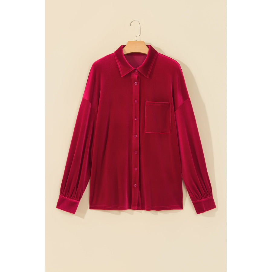 Fiery Red Soft Velvet Patch Pocket Button Down Loose Shirt Tops/Blouses & Shirts