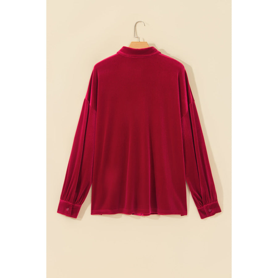 Fiery Red Soft Velvet Patch Pocket Button Down Loose Shirt Tops/Blouses & Shirts
