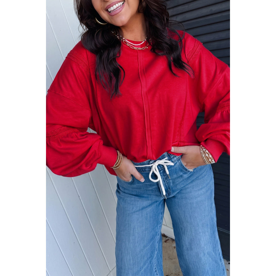 Fiery Red Solid Color Raw Seam Lace Detail Loose Casual Sweatshirt / S / 65% Polyester + 35% Cotton Tops/Sweatshirts & Hoodies