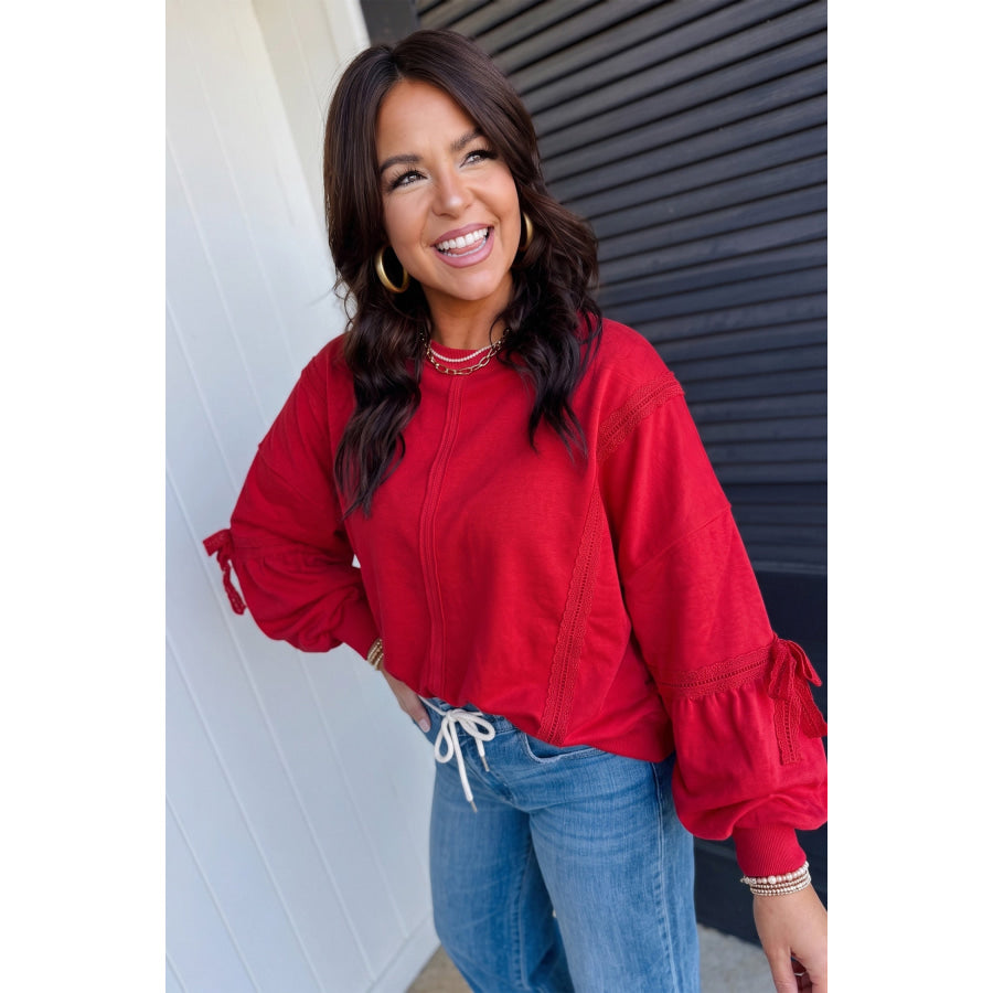 Fiery Red Solid Color Raw Seam Lace Detail Loose Casual Sweatshirt Tops/Sweatshirts & Hoodies