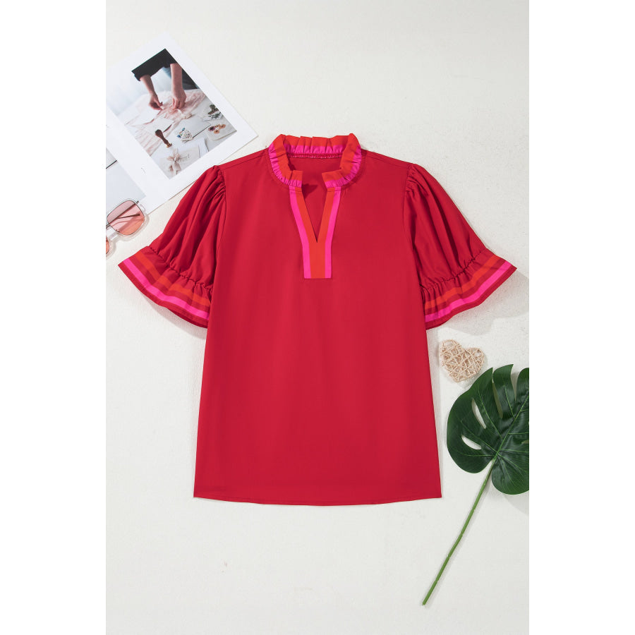 Fiery Red Striped Frilled Collar Ruffled Short Sleeve Blouse Fiery Red / S / 50% Cotton + 50% Lyocell Tops/Blouses & Shirts