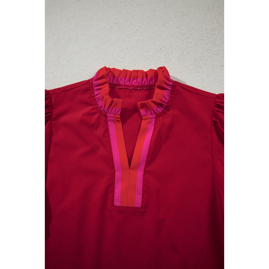 Fiery Red Striped Frilled Collar Ruffled Short Sleeve Blouse Tops/Blouses & Shirts
