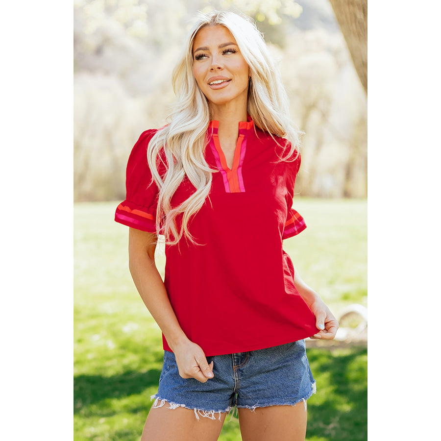 Fiery Red Striped Frilled Collar Ruffled Short Sleeve Blouse Tops/Blouses & Shirts