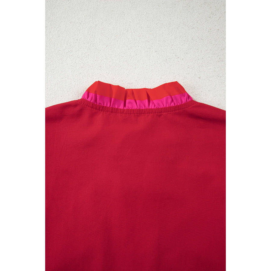 Fiery Red Striped Frilled Collar Ruffled Short Sleeve Blouse Tops/Blouses & Shirts