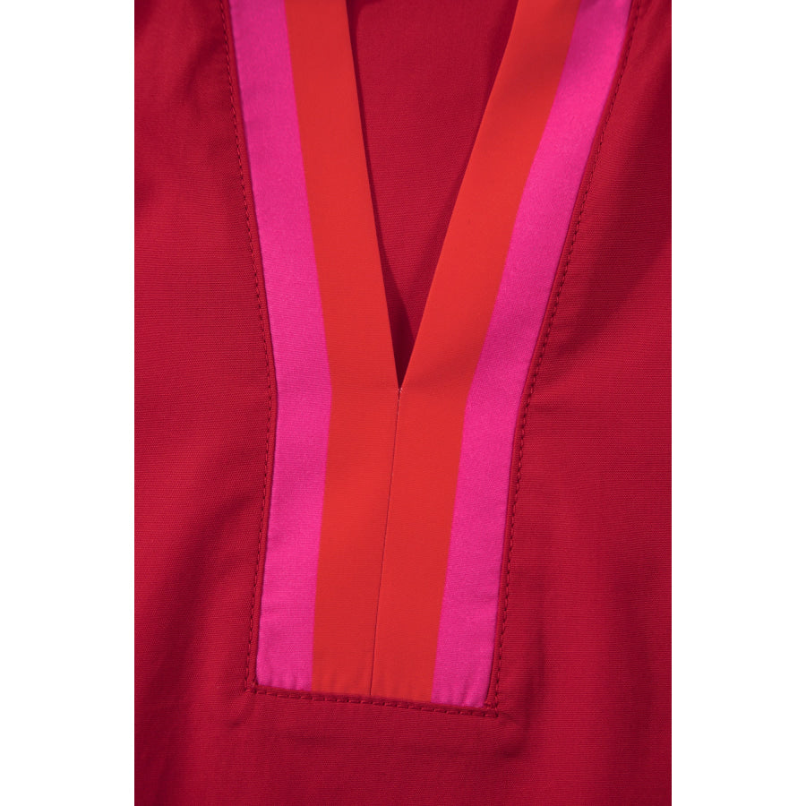 Fiery Red Striped Frilled Collar Ruffled Short Sleeve Blouse Tops/Blouses & Shirts