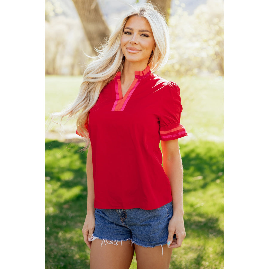 Fiery Red Striped Frilled Collar Ruffled Short Sleeve Blouse Tops/Blouses & Shirts