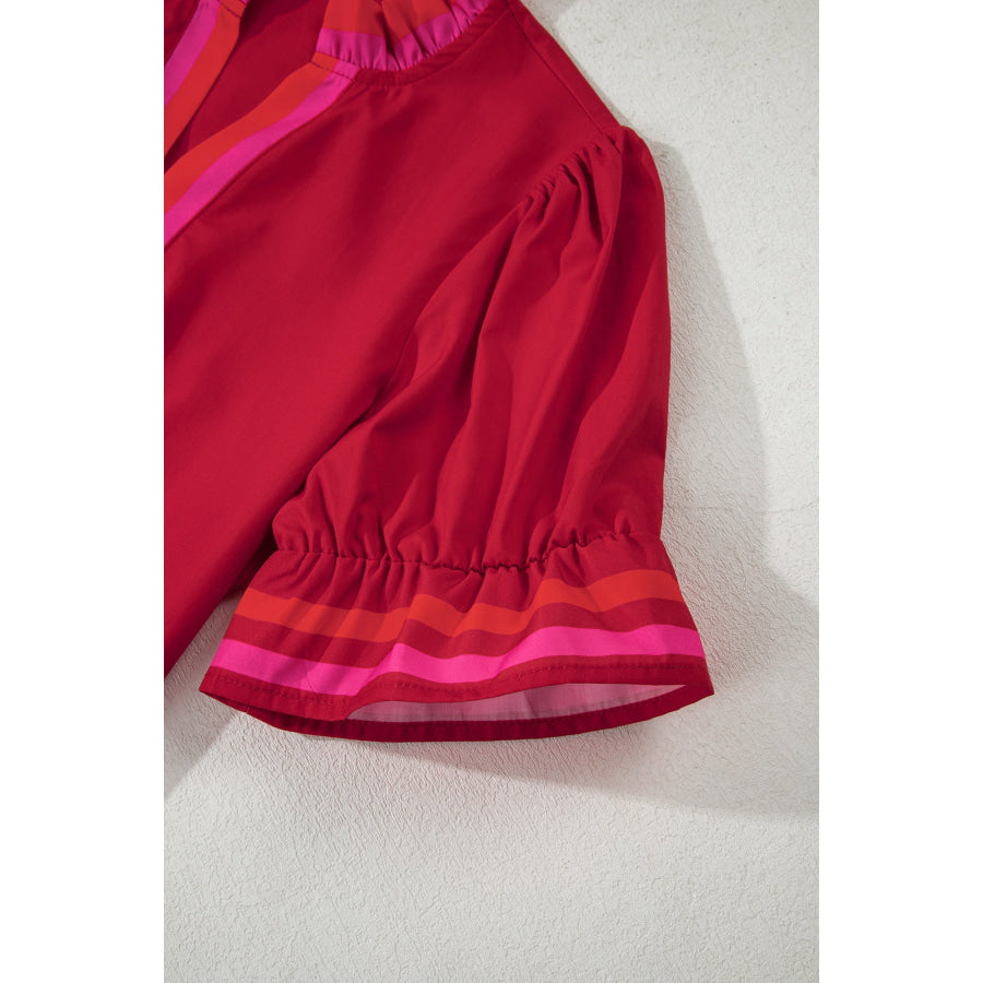 Fiery Red Striped Frilled Collar Ruffled Short Sleeve Blouse Tops/Blouses & Shirts