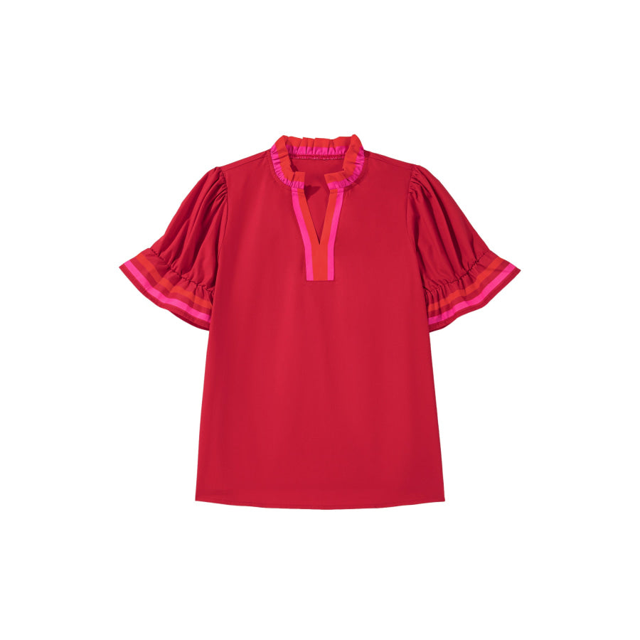 Fiery Red Striped Frilled Collar Ruffled Short Sleeve Blouse Tops/Blouses & Shirts