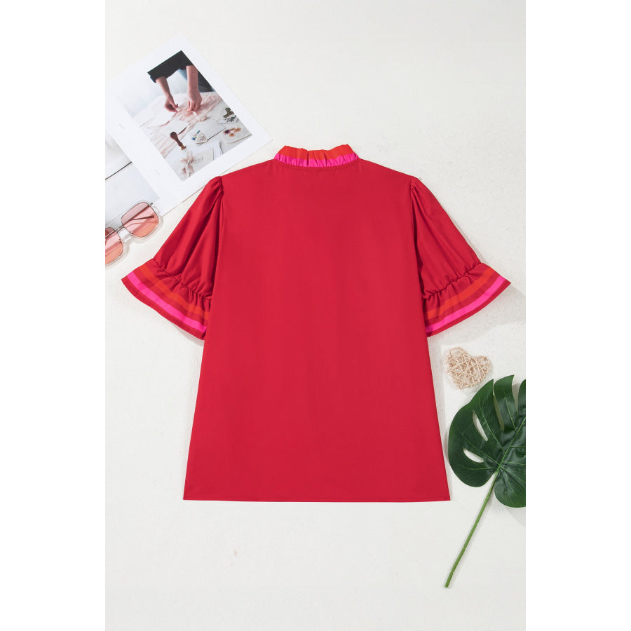 Fiery Red Striped Frilled Collar Ruffled Short Sleeve Blouse Tops/Blouses & Shirts