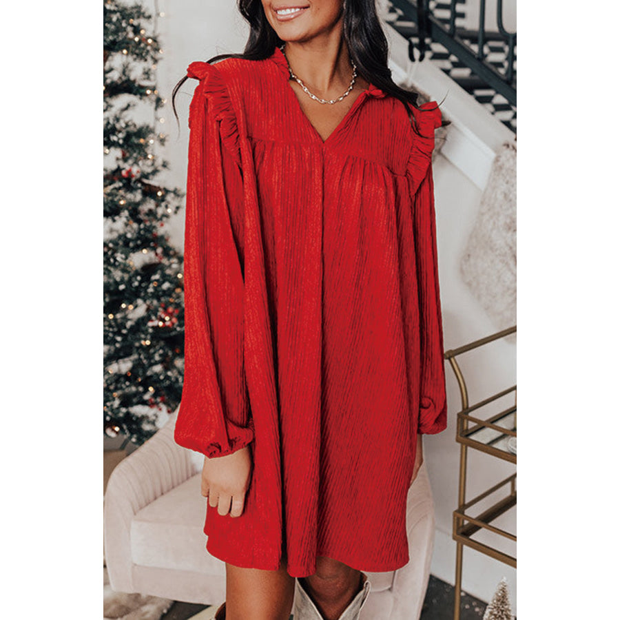 Fiery Red Textured Ruffled Trim V Neck Loose Fit Mini Dress Fiery Red / S / 95% Polyester + 5% Elastane Sale (50% OFF)/Sale (50% OFF)
